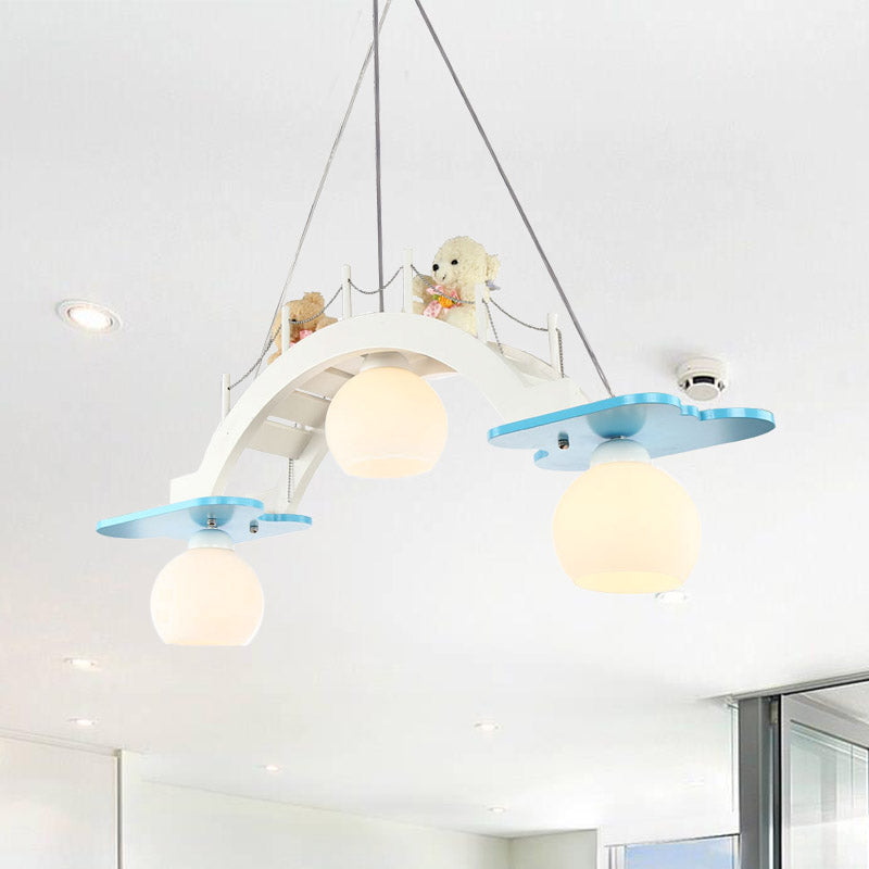 Bridge Nursery Cluster Pendant Lamp Wooden 3 Heads Kids Suspension Light in Blue/Pink with Cream Glass Shade Clearhalo 'Ceiling Lights' 'Glass shade' 'Glass' 'Pendant Lights' 'Pendants' Lighting' 1473531