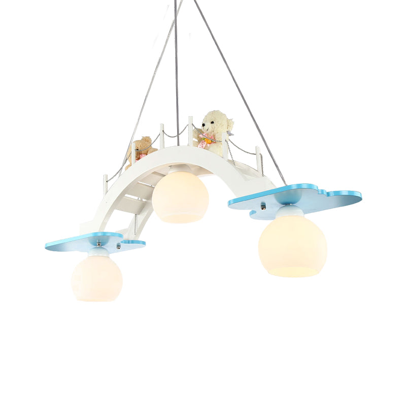 Bridge Nursery Cluster Pendant Lamp Wooden 3 Heads Kids Suspension Light in Blue/Pink with Cream Glass Shade Blue Clearhalo 'Ceiling Lights' 'Glass shade' 'Glass' 'Pendant Lights' 'Pendants' Lighting' 1473532