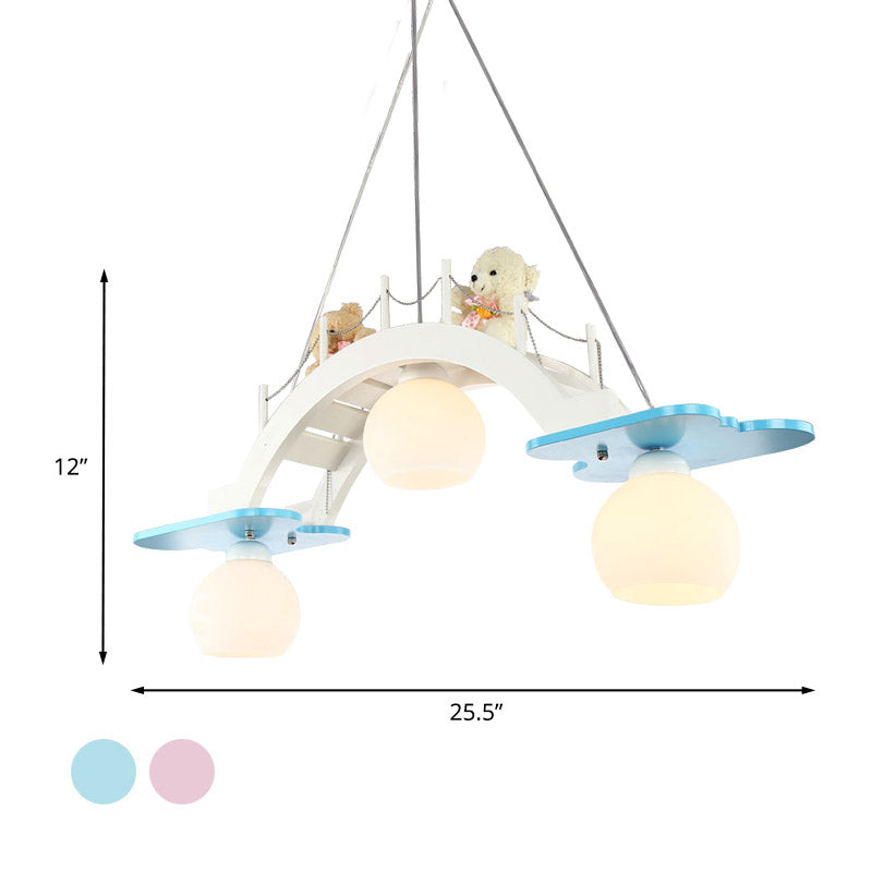 Bridge Nursery Cluster Pendant Lamp Wooden 3 Heads Kids Suspension Light in Blue/Pink with Cream Glass Shade Clearhalo 'Ceiling Lights' 'Glass shade' 'Glass' 'Pendant Lights' 'Pendants' Lighting' 1473534