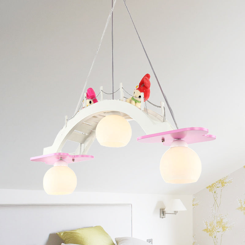 Bridge Nursery Cluster Pendant Lamp Wooden 3 Heads Kids Suspension Light in Blue/Pink with Cream Glass Shade Clearhalo 'Ceiling Lights' 'Glass shade' 'Glass' 'Pendant Lights' 'Pendants' Lighting' 1473535