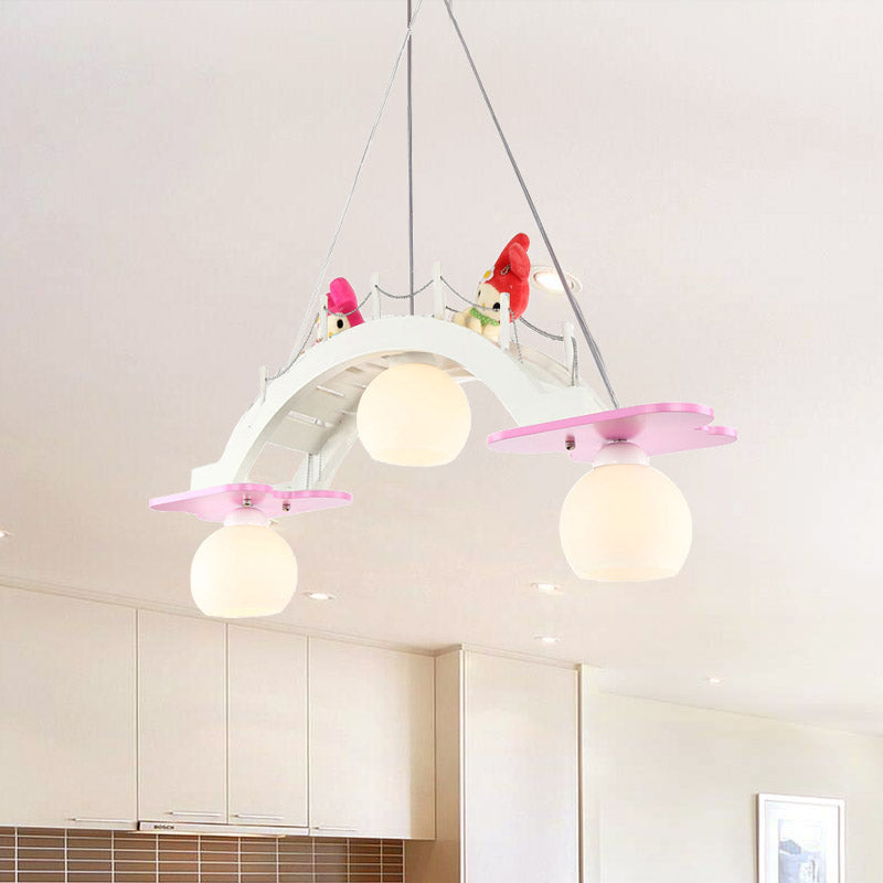 Bridge Nursery Cluster Pendant Lamp Wooden 3 Heads Kids Suspension Light in Blue/Pink with Cream Glass Shade Clearhalo 'Ceiling Lights' 'Glass shade' 'Glass' 'Pendant Lights' 'Pendants' Lighting' 1473536