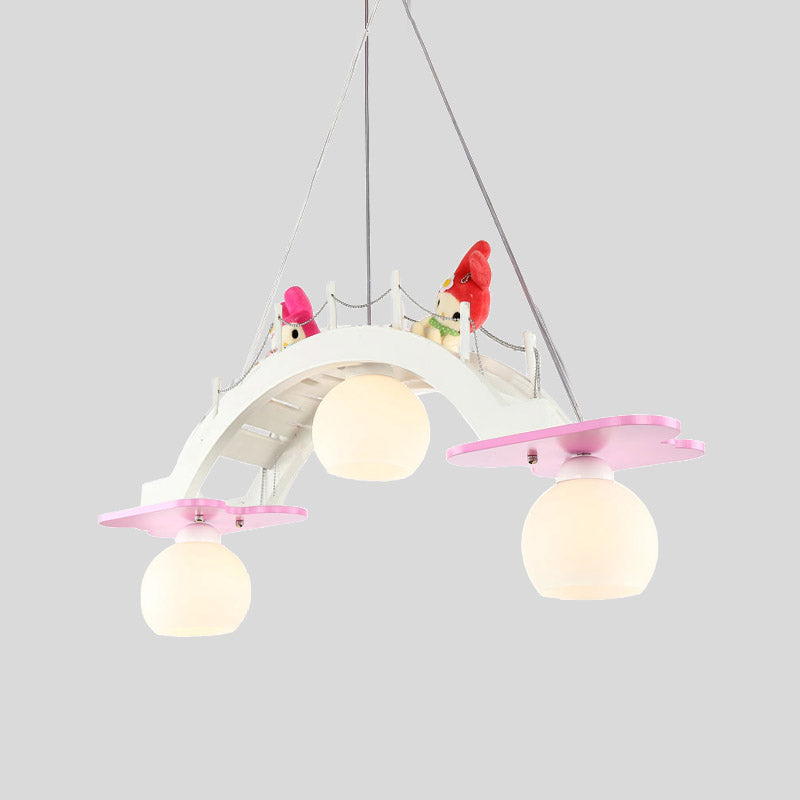 Bridge Nursery Cluster Pendant Lamp Wooden 3 Heads Kids Suspension Light in Blue/Pink with Cream Glass Shade Pink Clearhalo 'Ceiling Lights' 'Glass shade' 'Glass' 'Pendant Lights' 'Pendants' Lighting' 1473537