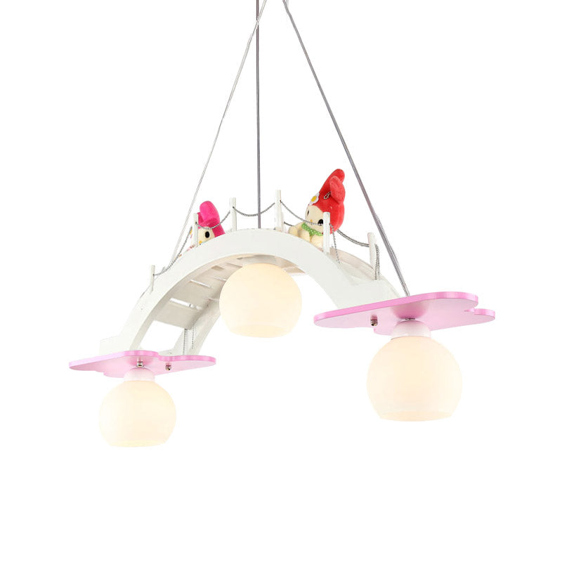 Bridge Nursery Cluster Pendant Lamp Wooden 3 Heads Kids Suspension Light in Blue/Pink with Cream Glass Shade Clearhalo 'Ceiling Lights' 'Glass shade' 'Glass' 'Pendant Lights' 'Pendants' Lighting' 1473538
