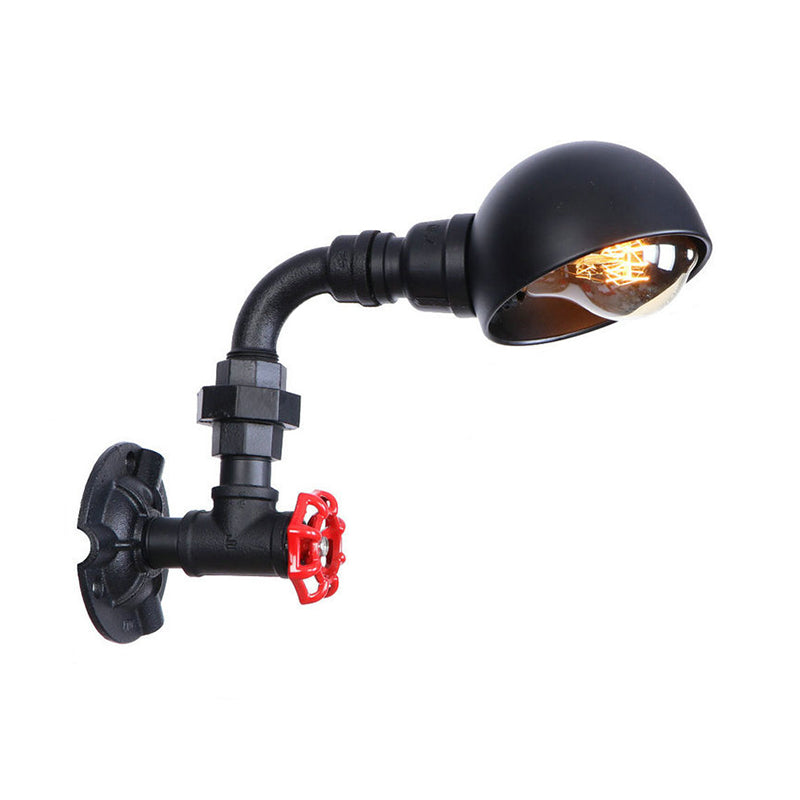 Black Water Pipe Wall Lighting with Dome Shade and Red Valve Vintage Iron 1 Bulb Stairway Wall Fixture Light Clearhalo 'Art deco wall lights' 'Cast Iron' 'Glass' 'Industrial wall lights' 'Industrial' 'Middle century wall lights' 'Modern' 'Rustic wall lights' 'Tiffany' 'Traditional wall lights' 'Wall Lamps & Sconces' 'Wall Lights' Lighting' 147360