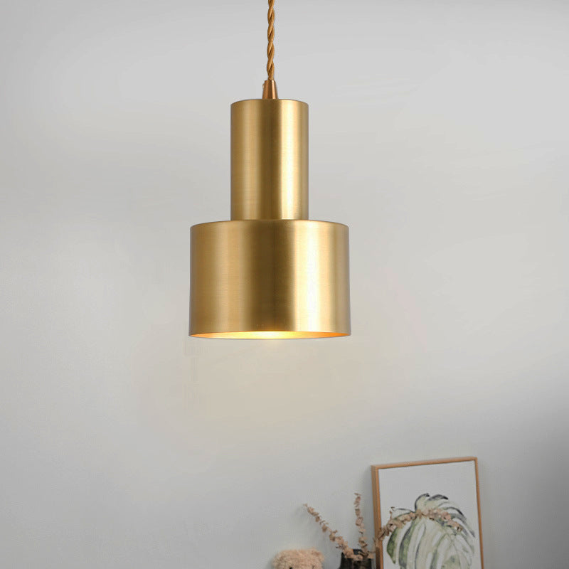 Colonial Cylinder Pendant Light Fixture 1 Bulb Iron Ceiling Suspension Lamp in Gold for Bedroom Clearhalo 'Ceiling Lights' 'Pendant Lights' 'Pendants' Lighting' 1473609