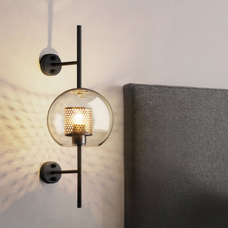 Colonial Sphere Wall Sconce 1 Head Smoke Gray Glass Wall Lighting in Black with Cylinder Wire Mesh Inside, 8"/10" Wide Clearhalo 'Wall Lamps & Sconces' 'Wall Lights' Lighting' 1473624