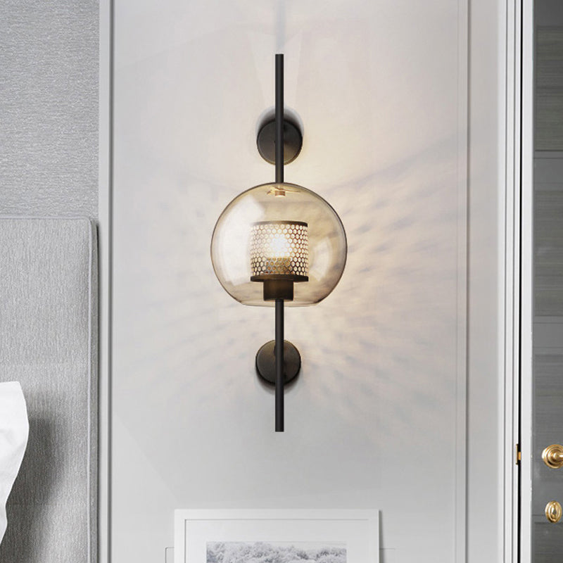 Colonial Sphere Wall Sconce 1 Head Smoke Gray Glass Wall Lighting in Black with Cylinder Wire Mesh Inside, 8"/10" Wide Black 8" Clearhalo 'Wall Lamps & Sconces' 'Wall Lights' Lighting' 1473625