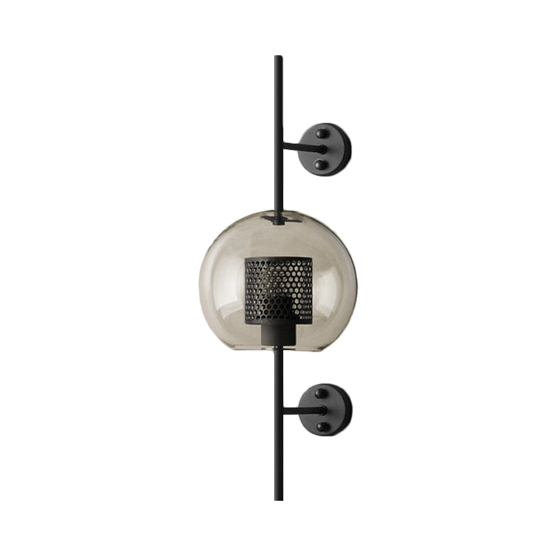 Colonial Sphere Wall Sconce 1 Head Smoke Gray Glass Wall Lighting in Black with Cylinder Wire Mesh Inside, 8"/10" Wide Clearhalo 'Wall Lamps & Sconces' 'Wall Lights' Lighting' 1473627