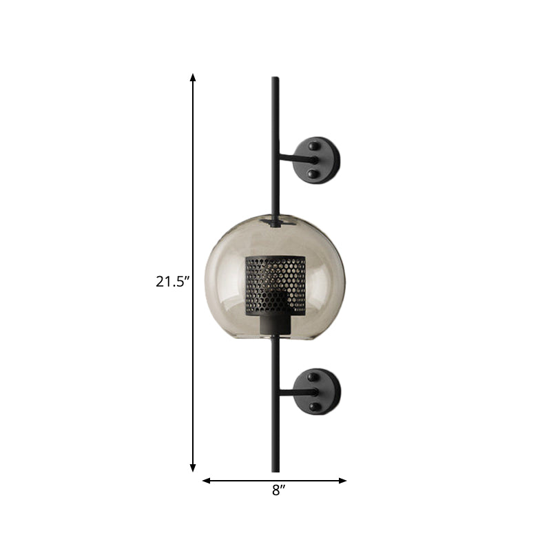 Colonial Sphere Wall Sconce 1 Head Smoke Gray Glass Wall Lighting in Black with Cylinder Wire Mesh Inside, 8"/10" Wide Clearhalo 'Wall Lamps & Sconces' 'Wall Lights' Lighting' 1473628