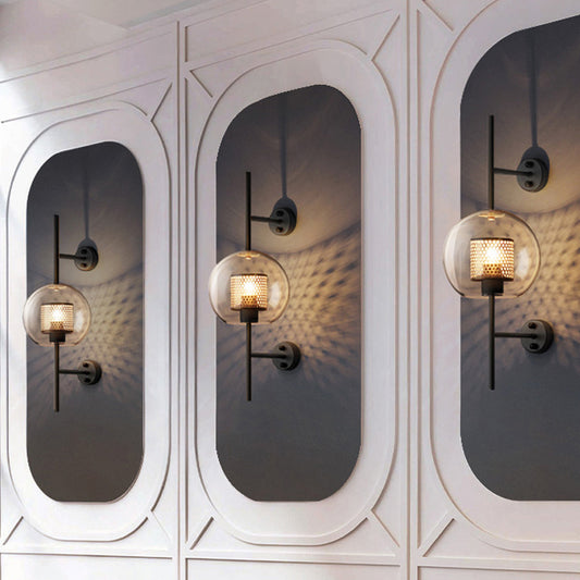 Colonial Sphere Wall Sconce 1 Head Smoke Gray Glass Wall Lighting in Black with Cylinder Wire Mesh Inside, 8"/10" Wide Clearhalo 'Wall Lamps & Sconces' 'Wall Lights' Lighting' 1473631