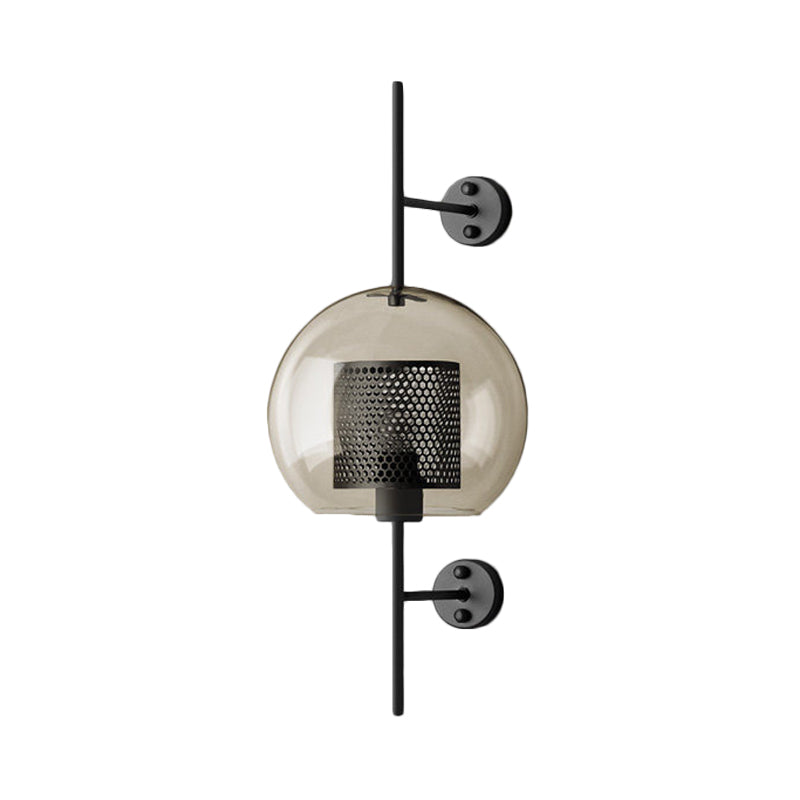 Colonial Sphere Wall Sconce 1 Head Smoke Gray Glass Wall Lighting in Black with Cylinder Wire Mesh Inside, 8"/10" Wide Clearhalo 'Wall Lamps & Sconces' 'Wall Lights' Lighting' 1473632