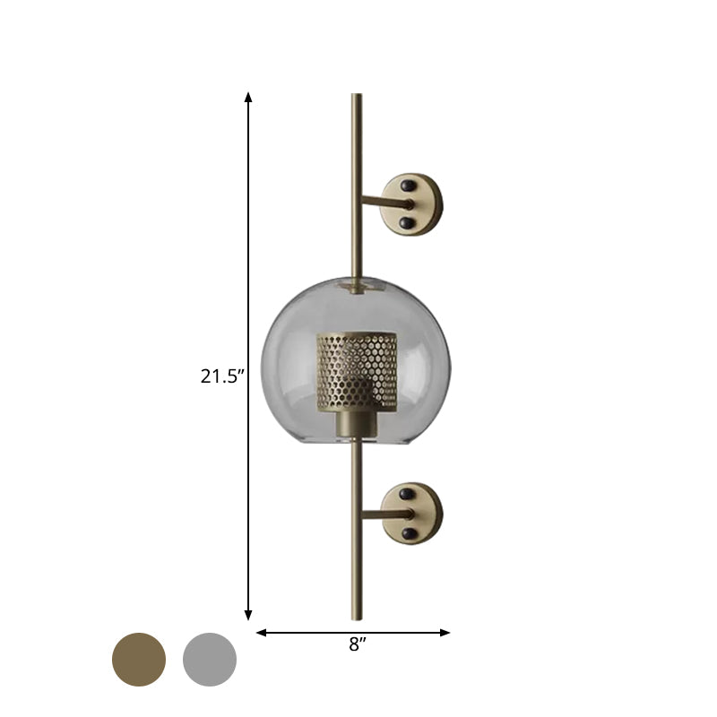 8"/9.5" W Global Bedroom Sconce Light Colonial Clear Glass 1 Light Bronze/Silver Gray Wall Lamp with Inner Cylinder Wire Mesh Clearhalo 'Wall Lamps & Sconces' 'Wall Lights' Lighting' 1473638