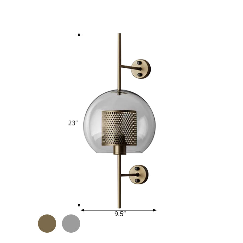 8"/9.5" W Global Bedroom Sconce Light Colonial Clear Glass 1 Light Bronze/Silver Gray Wall Lamp with Inner Cylinder Wire Mesh Clearhalo 'Wall Lamps & Sconces' 'Wall Lights' Lighting' 1473647