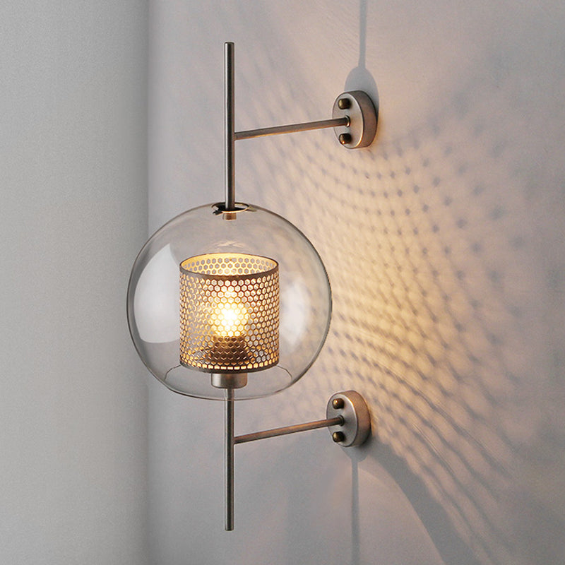 8"/9.5" W Global Bedroom Sconce Light Colonial Clear Glass 1 Light Bronze/Silver Gray Wall Lamp with Inner Cylinder Wire Mesh Silver Gray 9.5" Clearhalo 'Wall Lamps & Sconces' 'Wall Lights' Lighting' 1473649