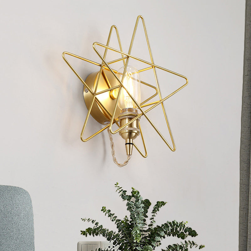 Metal Exposed Bulb Wall Lamp Colonialist 1 Head Living Room Sconce Light in Gold with Star Cage Gold Clearhalo 'Wall Lamps & Sconces' 'Wall Lights' Lighting' 1473681