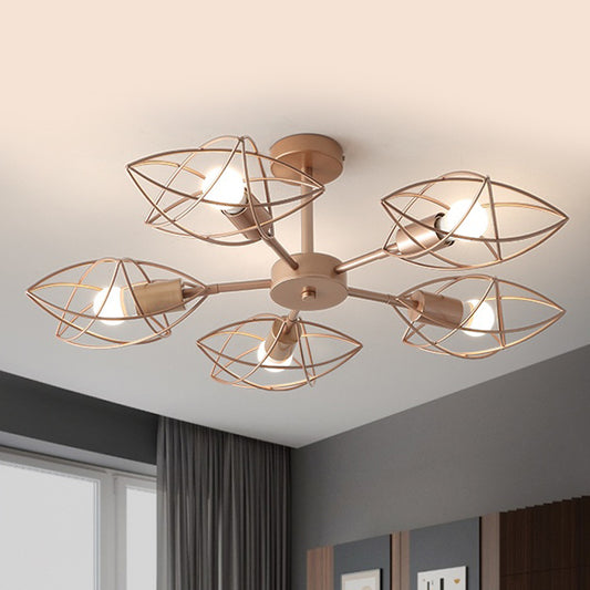 Gold 5-Light Semi Flush Mount Colonial Iron Star Cage Close to Ceiling Lighting Fixture for Bedroom Gold Clearhalo 'Ceiling Lights' 'Close To Ceiling Lights' 'Close to ceiling' 'Semi-flushmount' Lighting' 1473736