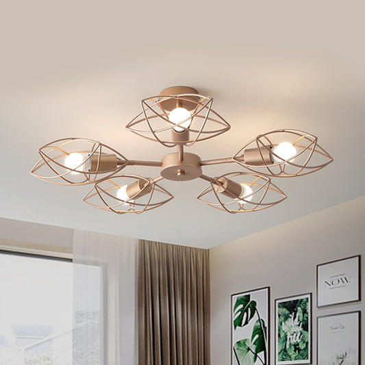 Gold 5-Light Semi Flush Mount Colonial Iron Star Cage Close to Ceiling Lighting Fixture for Bedroom Clearhalo 'Ceiling Lights' 'Close To Ceiling Lights' 'Close to ceiling' 'Semi-flushmount' Lighting' 1473737