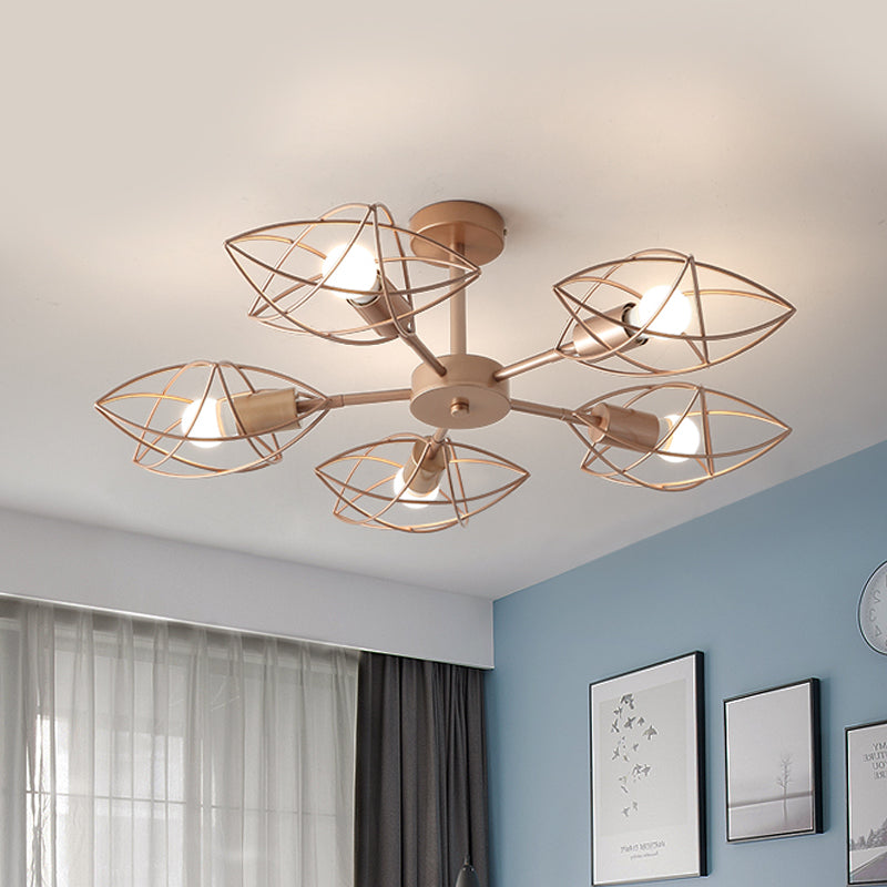 Gold 5-Light Semi Flush Mount Colonial Iron Star Cage Close to Ceiling Lighting Fixture for Bedroom Clearhalo 'Ceiling Lights' 'Close To Ceiling Lights' 'Close to ceiling' 'Semi-flushmount' Lighting' 1473738