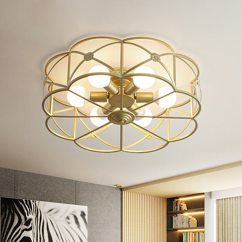 Iron Gold Flush Mount Light Scalloped Cage 6 Bulbs Colonialism Ceiling Mounted Fixture for Bedroom Clearhalo 'Ceiling Lights' 'Close To Ceiling Lights' 'Close to ceiling' 'Flush mount' Lighting' 1473742