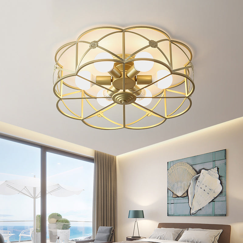 Iron Gold Flush Mount Light Scalloped Cage 6 Bulbs Colonialism Ceiling Mounted Fixture for Bedroom Clearhalo 'Ceiling Lights' 'Close To Ceiling Lights' 'Close to ceiling' 'Flush mount' Lighting' 1473743