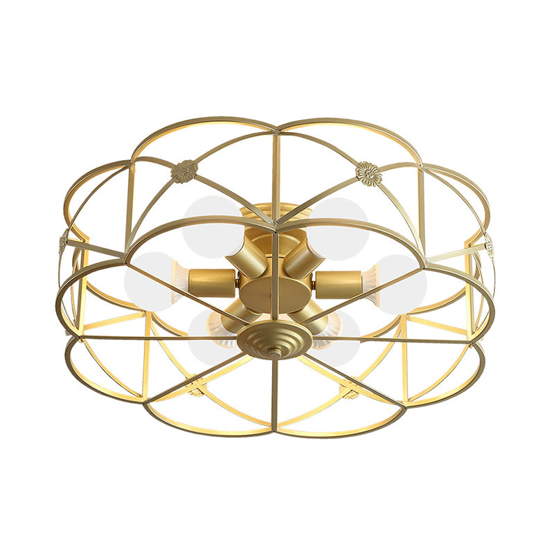 Iron Gold Flush Mount Light Scalloped Cage 6 Bulbs Colonialism Ceiling Mounted Fixture for Bedroom Clearhalo 'Ceiling Lights' 'Close To Ceiling Lights' 'Close to ceiling' 'Flush mount' Lighting' 1473744