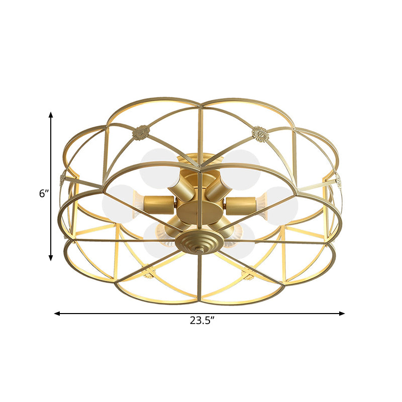 Iron Gold Flush Mount Light Scalloped Cage 6 Bulbs Colonialism Ceiling Mounted Fixture for Bedroom Clearhalo 'Ceiling Lights' 'Close To Ceiling Lights' 'Close to ceiling' 'Flush mount' Lighting' 1473745