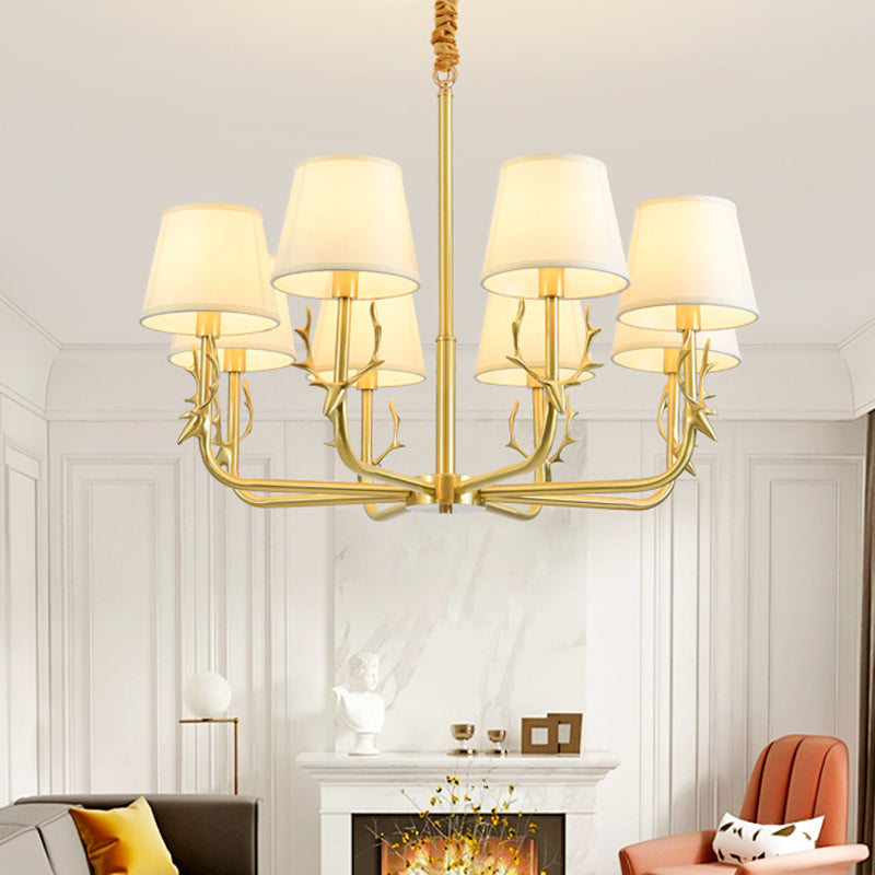 Tapered Fabric Chandelier Colonialism 3/6/8 Lights Living Room Pendant in Gold with Copper Deer Head Clearhalo 'Ceiling Lights' 'Chandeliers' Lighting' options 1473748