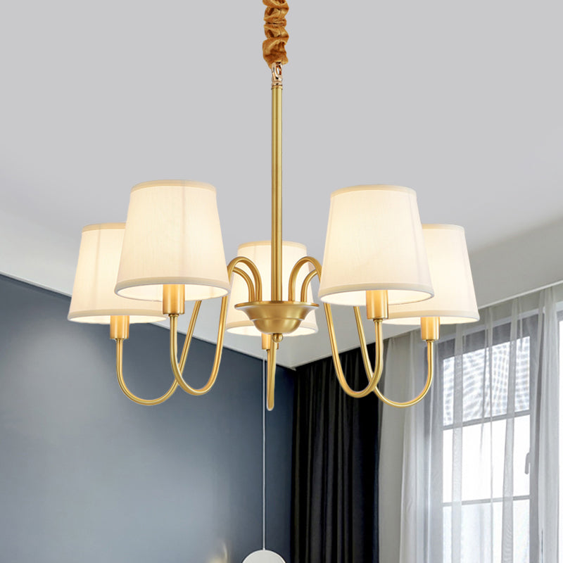 Gold Barrel Pendant Chandelier Colonial Fabric 3/5/8 Bulbs Living Room Ceiling Light with Gooseneck Copper Arm Clearhalo 'Ceiling Lights' 'Chandeliers' Lighting' options 1473766