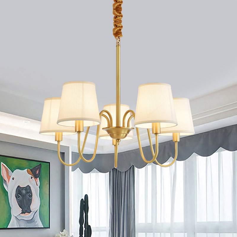 Gold Barrel Pendant Chandelier Colonial Fabric 3/5/8 Bulbs Living Room Ceiling Light with Gooseneck Copper Arm Clearhalo 'Ceiling Lights' 'Chandeliers' Lighting' options 1473767