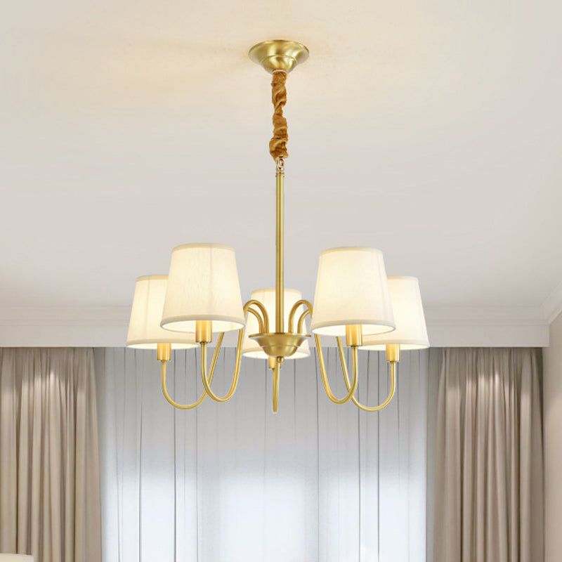 Gold Barrel Pendant Chandelier Colonial Fabric 3/5/8 Bulbs Living Room Ceiling Light with Gooseneck Copper Arm Clearhalo 'Ceiling Lights' 'Chandeliers' Lighting' options 1473768