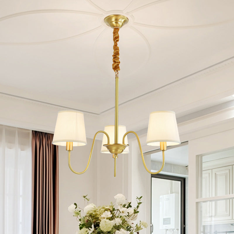 Gold Barrel Pendant Chandelier Colonial Fabric 3/5/8 Bulbs Living Room Ceiling Light with Gooseneck Copper Arm 3 Gold Clearhalo 'Ceiling Lights' 'Chandeliers' Lighting' options 1473773_1b6de3ec-c5c3-4c46-8118-c8ec9cc9da00