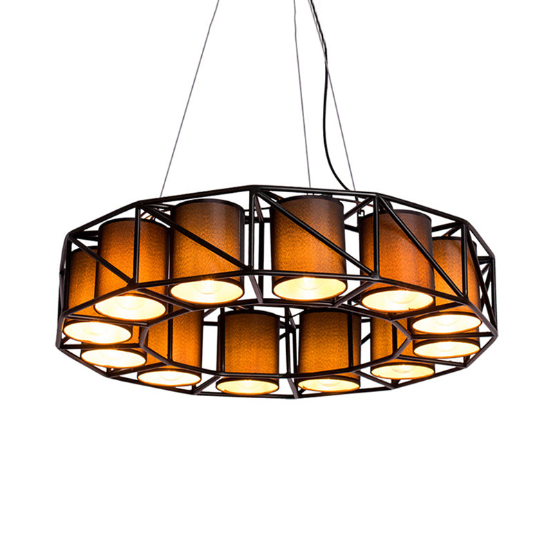 Black Cylinder Chandelier Lamp Vintage Fabric 12 Bulbs Restaurant Ceiling Light with Round Cage Clearhalo 'Ceiling Lights' 'Chandeliers' Lighting' options 1473799