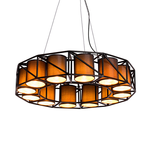 Black Cylinder Chandelier Lamp Vintage Fabric 12 Bulbs Restaurant Ceiling Light with Round Cage Clearhalo 'Ceiling Lights' 'Chandeliers' Lighting' options 1473799