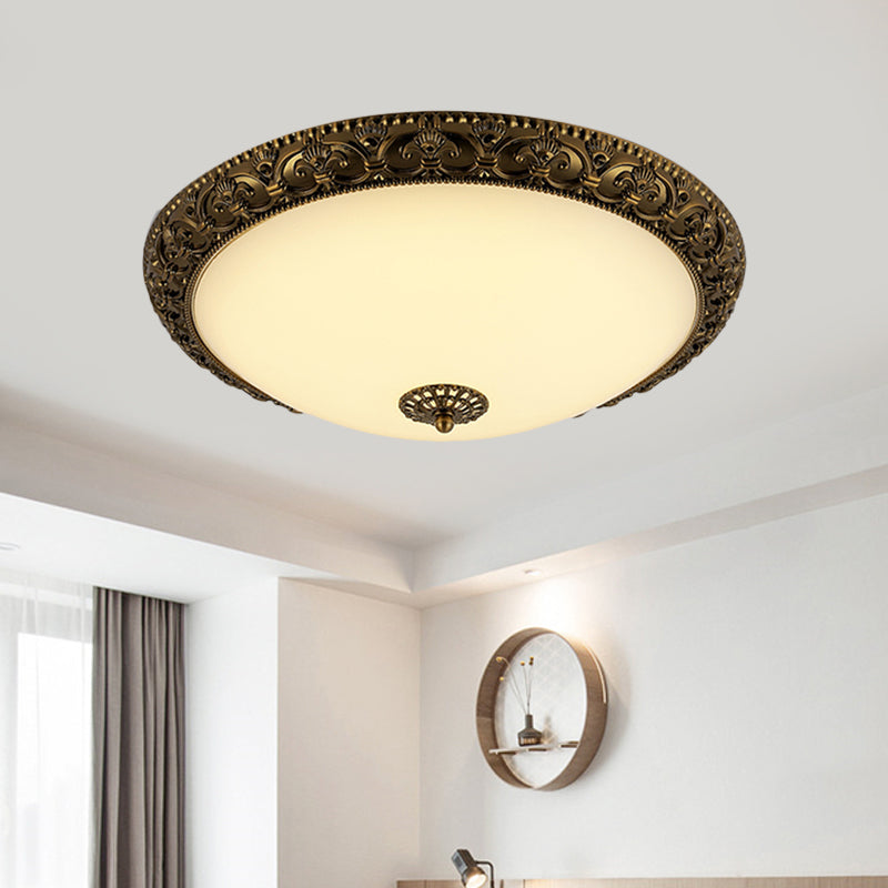 Bowl Frosted Glass Ceiling Fixture Rustic 12"/16"/19.5" W LED Bedroom Flush Mount Lighting in Brass Clearhalo 'Ceiling Lights' 'Close To Ceiling Lights' 'Close to ceiling' 'Flush mount' Lighting' 1473820