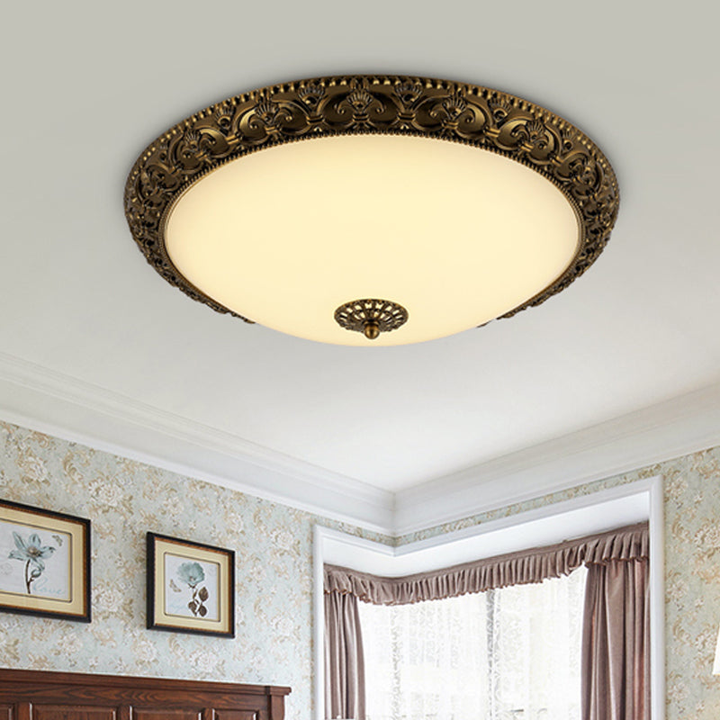 Bowl Frosted Glass Ceiling Fixture Rustic 12"/16"/19.5" W LED Bedroom Flush Mount Lighting in Brass Brass A Clearhalo 'Ceiling Lights' 'Close To Ceiling Lights' 'Close to ceiling' 'Flush mount' Lighting' 1473821