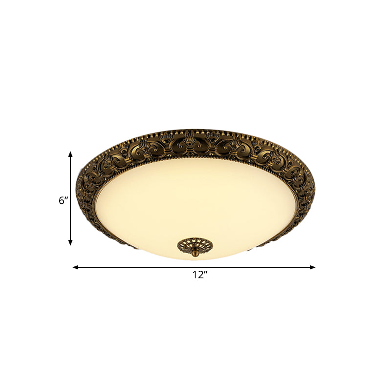 Bowl Frosted Glass Ceiling Fixture Rustic 12"/16"/19.5" W LED Bedroom Flush Mount Lighting in Brass Clearhalo 'Ceiling Lights' 'Close To Ceiling Lights' 'Close to ceiling' 'Flush mount' Lighting' 1473823