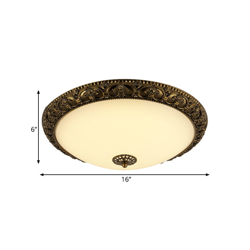 Bowl Frosted Glass Ceiling Fixture Rustic 12"/16"/19.5" W LED Bedroom Flush Mount Lighting in Brass Clearhalo 'Ceiling Lights' 'Close To Ceiling Lights' 'Close to ceiling' 'Flush mount' Lighting' 1473824