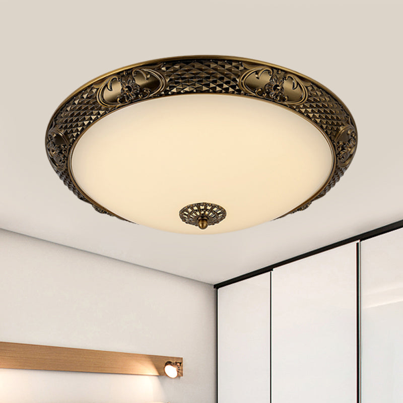 Bowl Frosted Glass Ceiling Fixture Rustic 12"/16"/19.5" W LED Bedroom Flush Mount Lighting in Brass Clearhalo 'Ceiling Lights' 'Close To Ceiling Lights' 'Close to ceiling' 'Flush mount' Lighting' 1473826