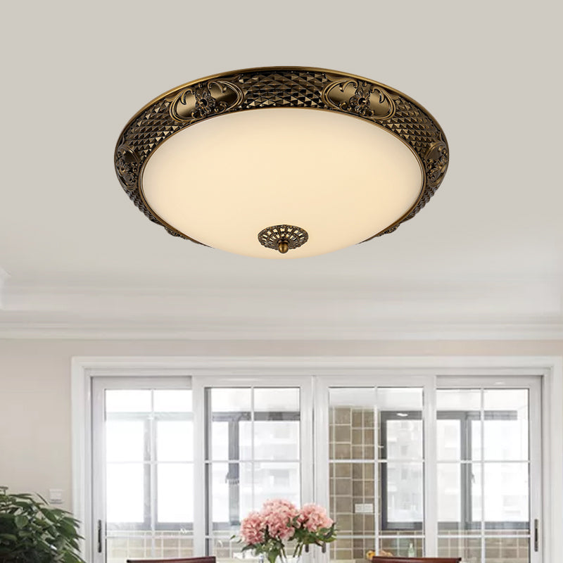 Bowl Frosted Glass Ceiling Fixture Rustic 12"/16"/19.5" W LED Bedroom Flush Mount Lighting in Brass Brass B Clearhalo 'Ceiling Lights' 'Close To Ceiling Lights' 'Close to ceiling' 'Flush mount' Lighting' 1473828