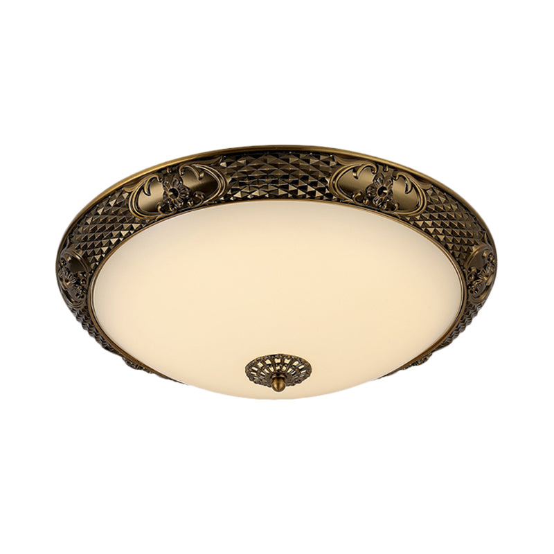 Bowl Frosted Glass Ceiling Fixture Rustic 12"/16"/19.5" W LED Bedroom Flush Mount Lighting in Brass Clearhalo 'Ceiling Lights' 'Close To Ceiling Lights' 'Close to ceiling' 'Flush mount' Lighting' 1473829