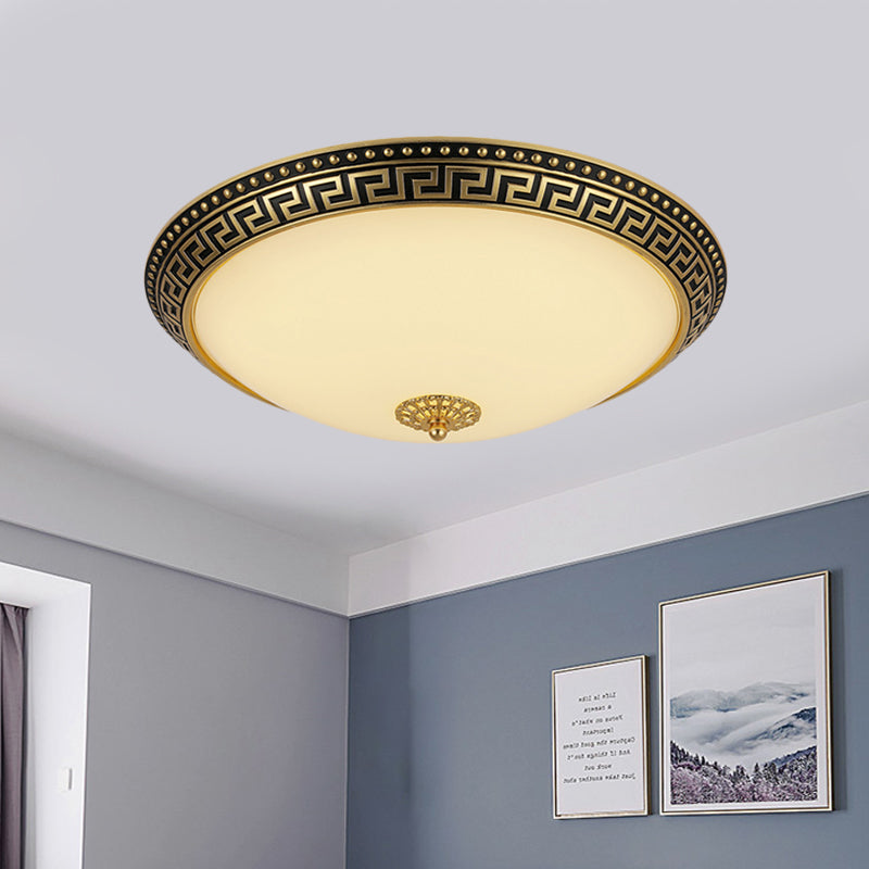 Bowl Frosted Glass Ceiling Fixture Rustic 12"/16"/19.5" W LED Bedroom Flush Mount Lighting in Brass Brass C Clearhalo 'Ceiling Lights' 'Close To Ceiling Lights' 'Close to ceiling' 'Flush mount' Lighting' 1473832