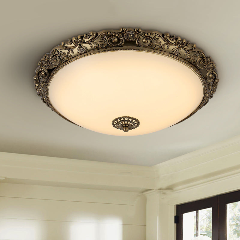 Brass Domed Ceiling Lamp Traditional White Glass 12"/16"/19.5" W LED Bedroom Flush Mount Lighting Fixture Clearhalo 'Ceiling Lights' 'Close To Ceiling Lights' 'Close to ceiling' 'Flush mount' Lighting' 1473834