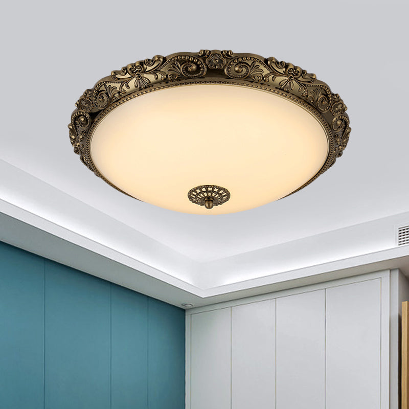 Brass Domed Ceiling Lamp Traditional White Glass 12"/16"/19.5" W LED Bedroom Flush Mount Lighting Fixture Clearhalo 'Ceiling Lights' 'Close To Ceiling Lights' 'Close to ceiling' 'Flush mount' Lighting' 1473835