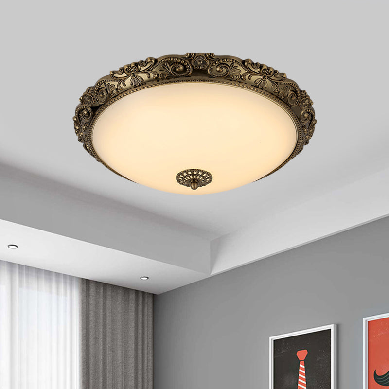 Brass Domed Ceiling Lamp Traditional White Glass 12"/16"/19.5" W LED Bedroom Flush Mount Lighting Fixture Brass A Clearhalo 'Ceiling Lights' 'Close To Ceiling Lights' 'Close to ceiling' 'Flush mount' Lighting' 1473836