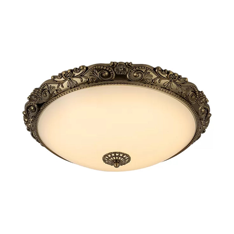 Brass Domed Ceiling Lamp Traditional White Glass 12"/16"/19.5" W LED Bedroom Flush Mount Lighting Fixture Clearhalo 'Ceiling Lights' 'Close To Ceiling Lights' 'Close to ceiling' 'Flush mount' Lighting' 1473837