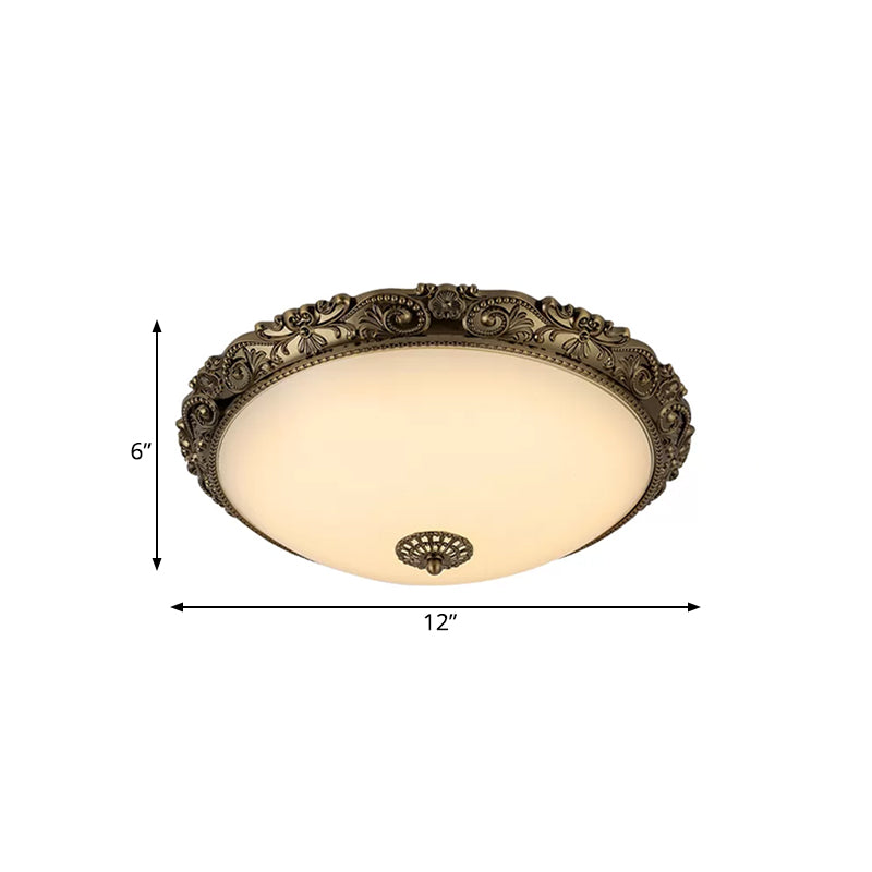 Brass Domed Ceiling Lamp Traditional White Glass 12"/16"/19.5" W LED Bedroom Flush Mount Lighting Fixture Clearhalo 'Ceiling Lights' 'Close To Ceiling Lights' 'Close to ceiling' 'Flush mount' Lighting' 1473838