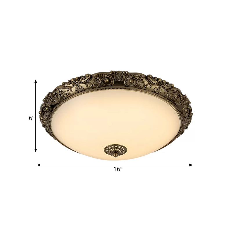 Brass Domed Ceiling Lamp Traditional White Glass 12"/16"/19.5" W LED Bedroom Flush Mount Lighting Fixture Clearhalo 'Ceiling Lights' 'Close To Ceiling Lights' 'Close to ceiling' 'Flush mount' Lighting' 1473839