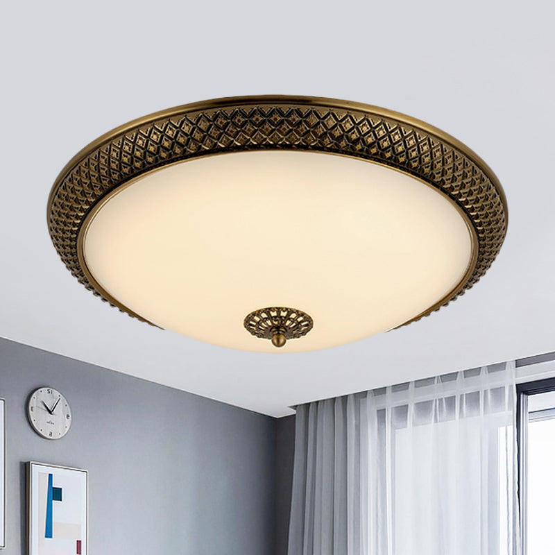 Brass Domed Ceiling Lamp Traditional White Glass 12"/16"/19.5" W LED Bedroom Flush Mount Lighting Fixture Clearhalo 'Ceiling Lights' 'Close To Ceiling Lights' 'Close to ceiling' 'Flush mount' Lighting' 1473841