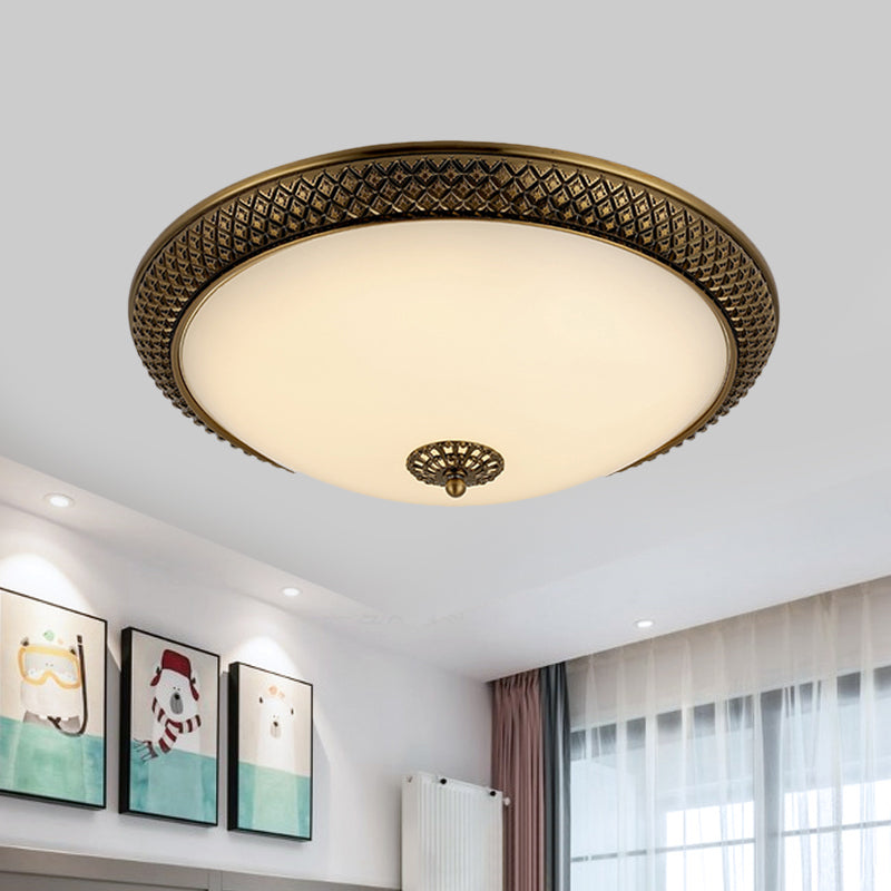 Brass Domed Ceiling Lamp Traditional White Glass 12"/16"/19.5" W LED Bedroom Flush Mount Lighting Fixture Clearhalo 'Ceiling Lights' 'Close To Ceiling Lights' 'Close to ceiling' 'Flush mount' Lighting' 1473842