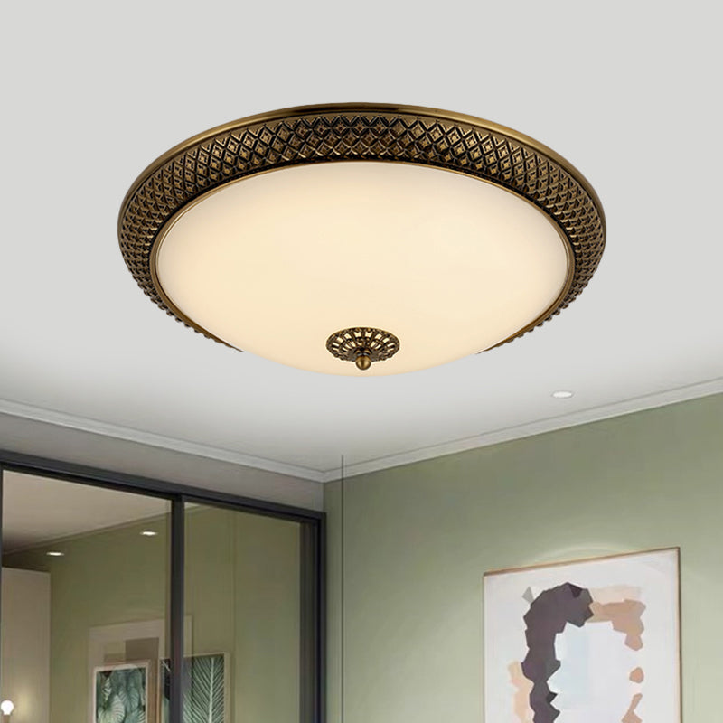 Brass Domed Ceiling Lamp Traditional White Glass 12"/16"/19.5" W LED Bedroom Flush Mount Lighting Fixture Brass B Clearhalo 'Ceiling Lights' 'Close To Ceiling Lights' 'Close to ceiling' 'Flush mount' Lighting' 1473843